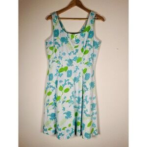 David Wayne Blue And Green Cotton Floral Dress Size 14